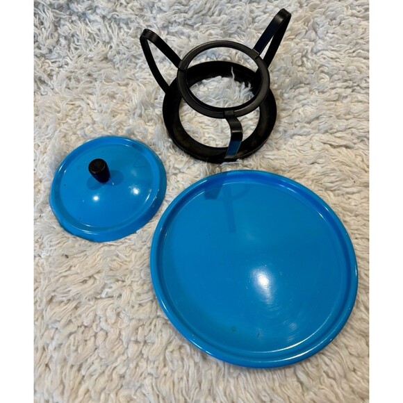 VINTAGE Midcentury Japan 4 Pc Blue Mushroom Fondue Set - 2Qt Pot/Lid/Stand/Tray - Picture 6 of 8